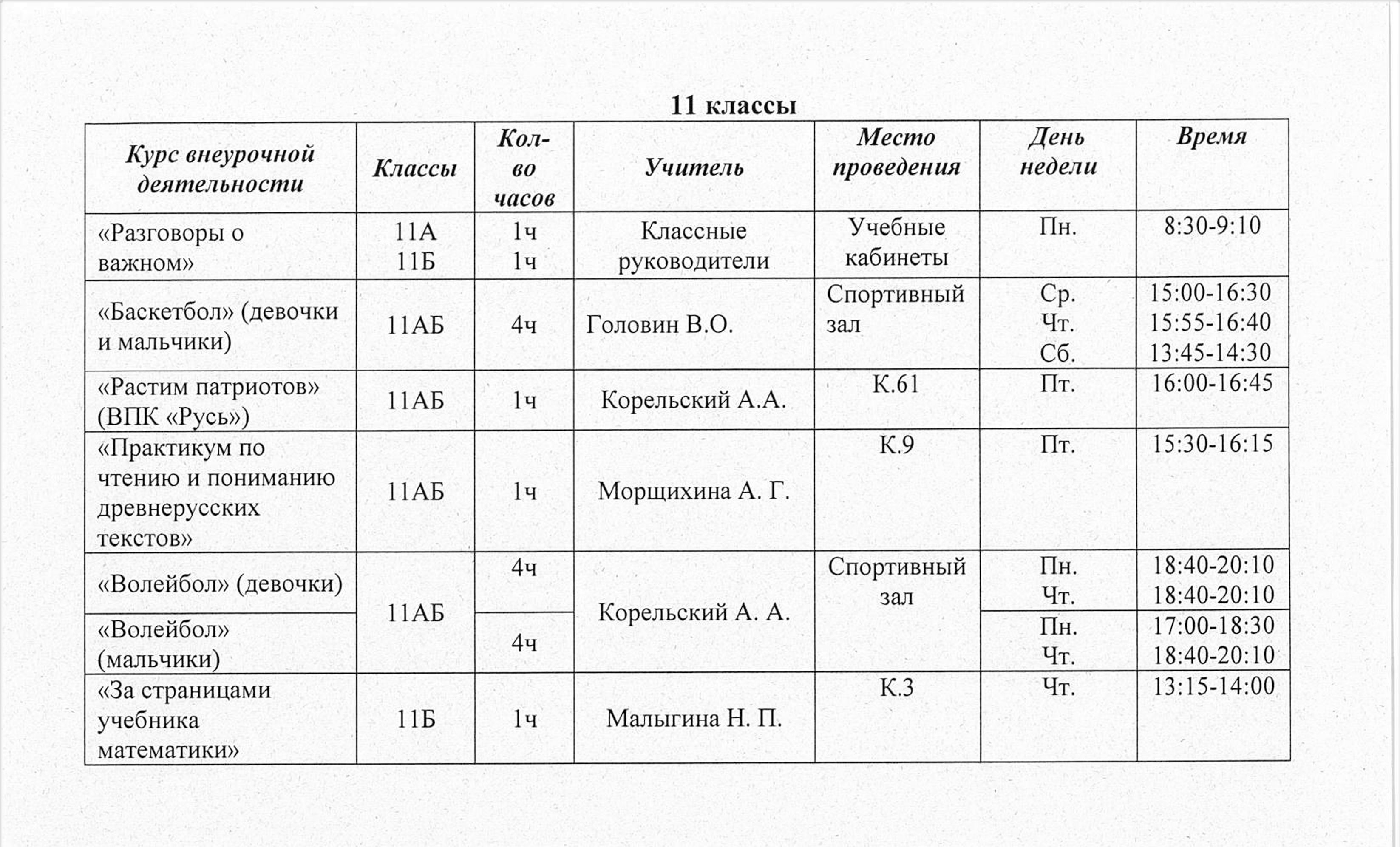 Расписание внеурочной деятельности