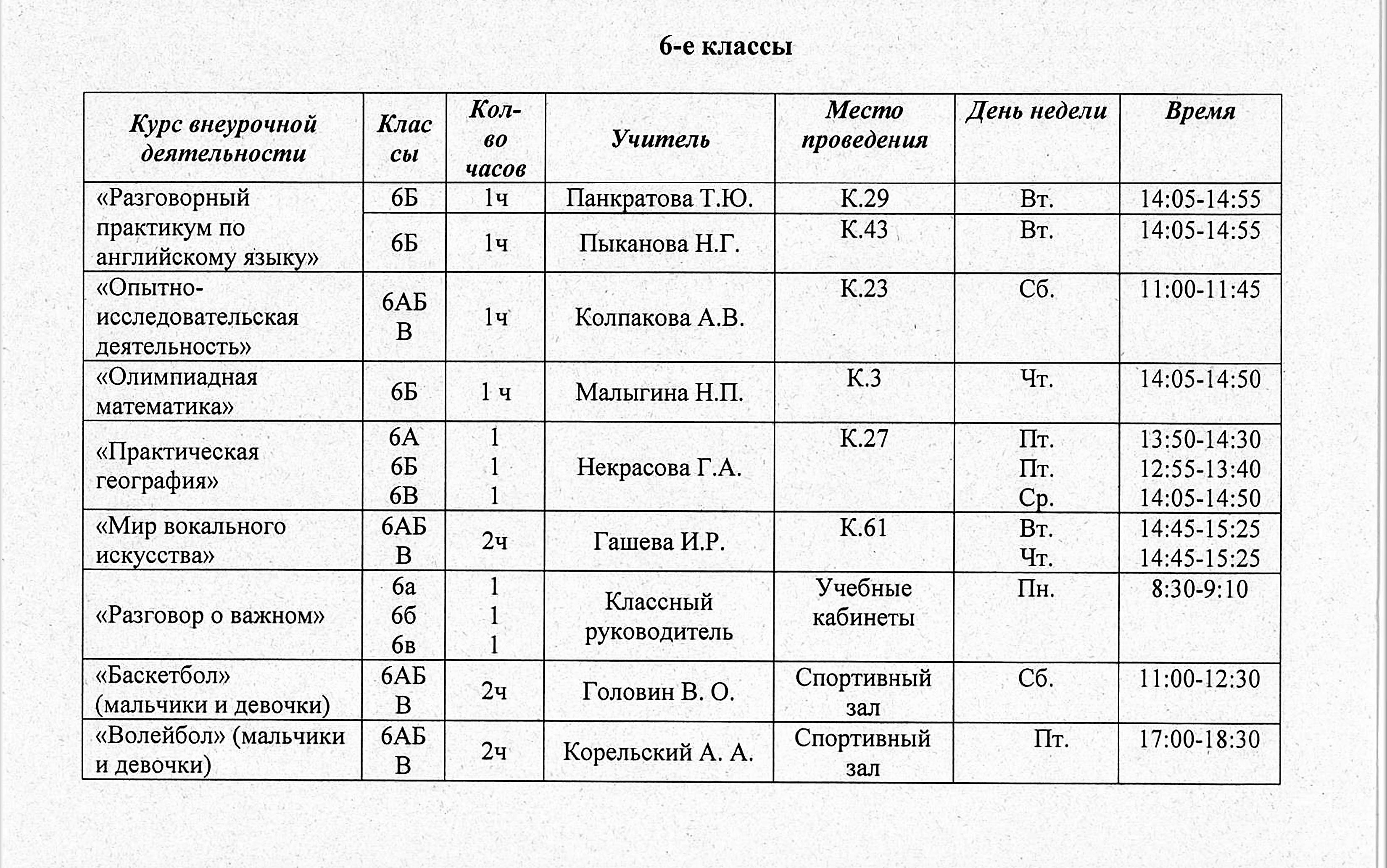 Расписание внеурочной деятельности